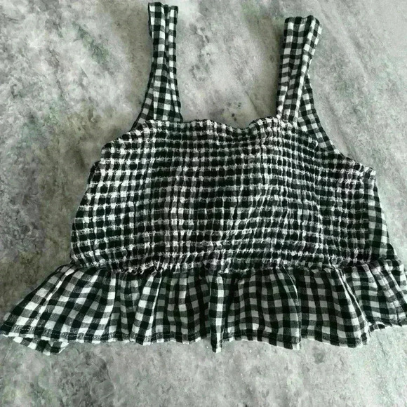 American Eagle Smock Gingham Bow Front Tie Navy blue nautical checkered Top - S - Picture 10 of 10